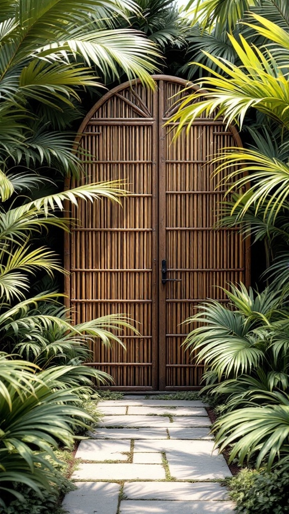 Decorative bamboo screen gate surrounded by tropical plants