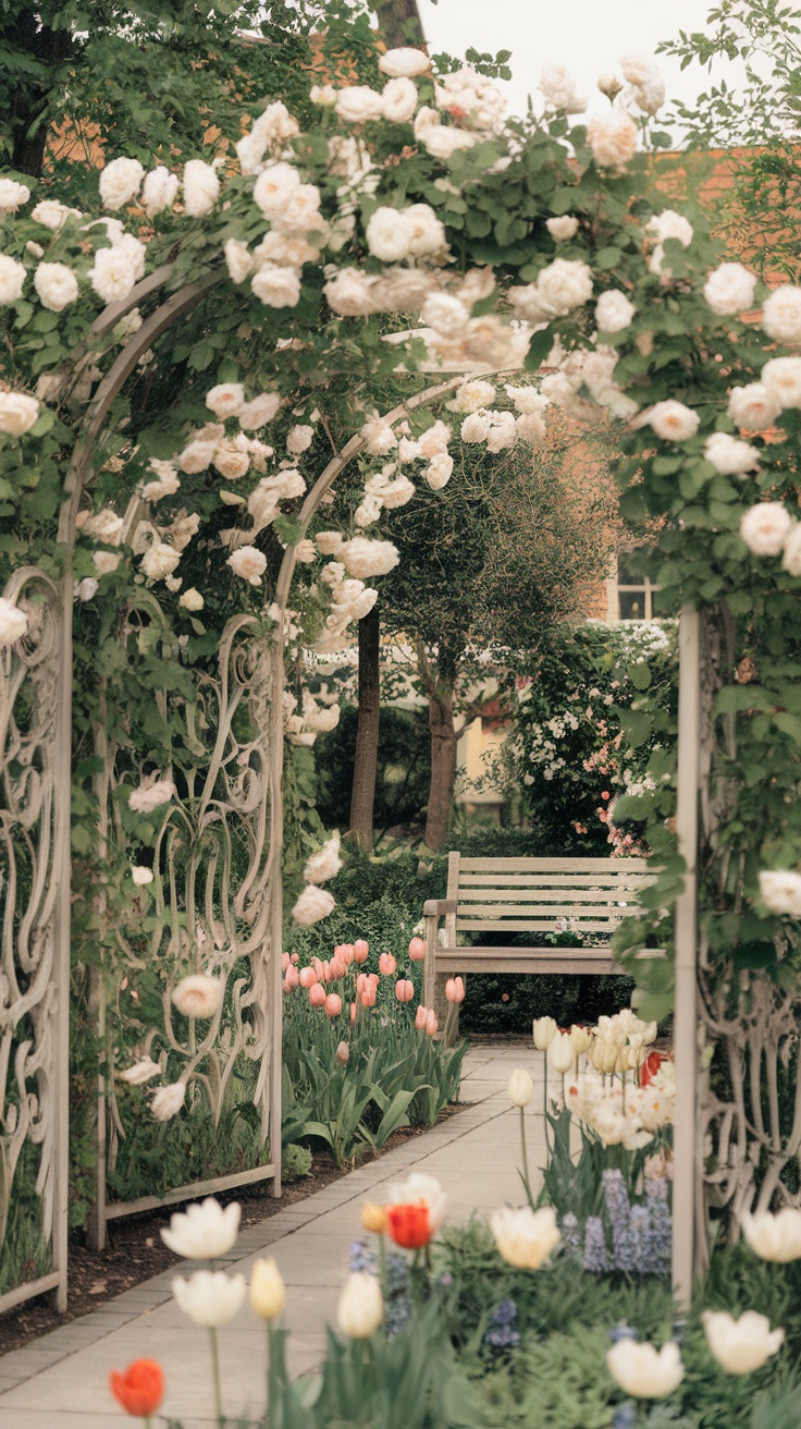 A beautiful garden arch adorned with white roses, leading to a serene bench surrounded by colorful tulips.