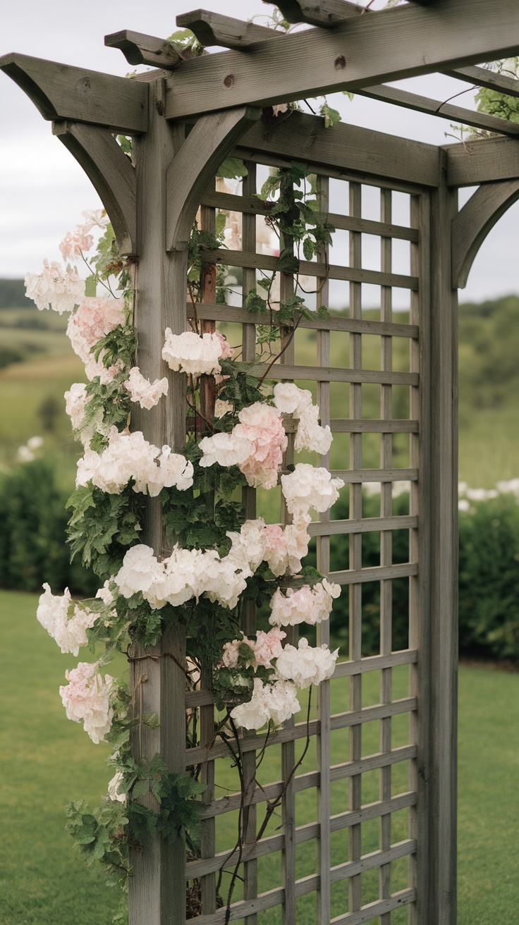 A decorative wooden trellis adorned with blooming climbing plants.