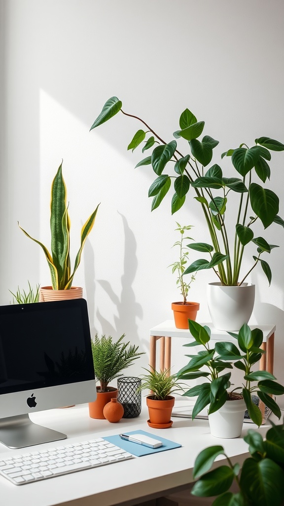 A bright home office setup with various plants on a desk and shelves.