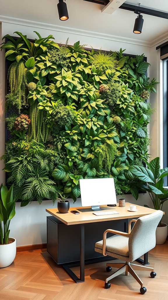 A home office featuring a vibrant green wall filled with various plants, a wooden desk with a computer, and a cozy chair.