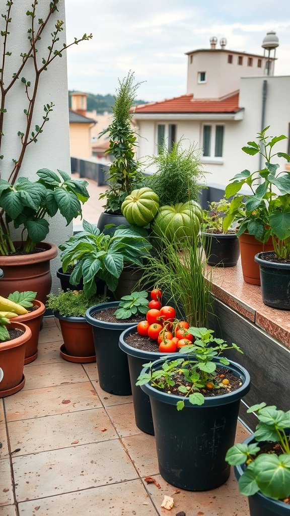 A vibrant terrace vegetable garden with various plants and pots.