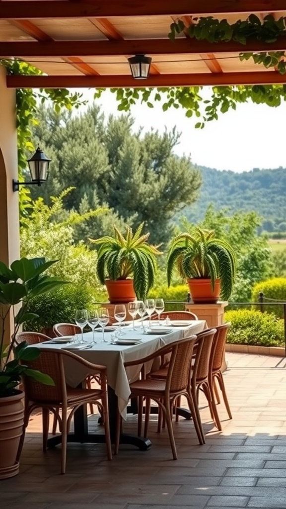 Outdoor dining space with a table and chairs under a pergola surrounded by greenery.