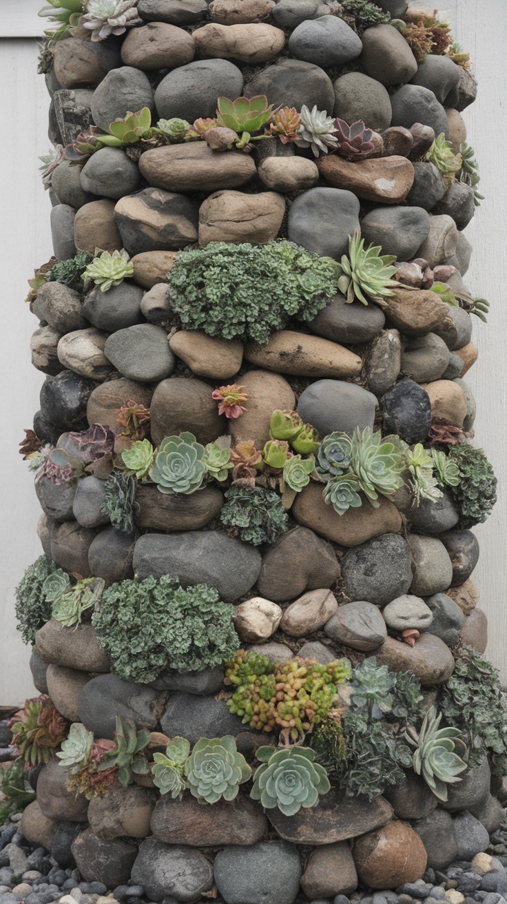 Vertical garden made of river rocks and succulents.