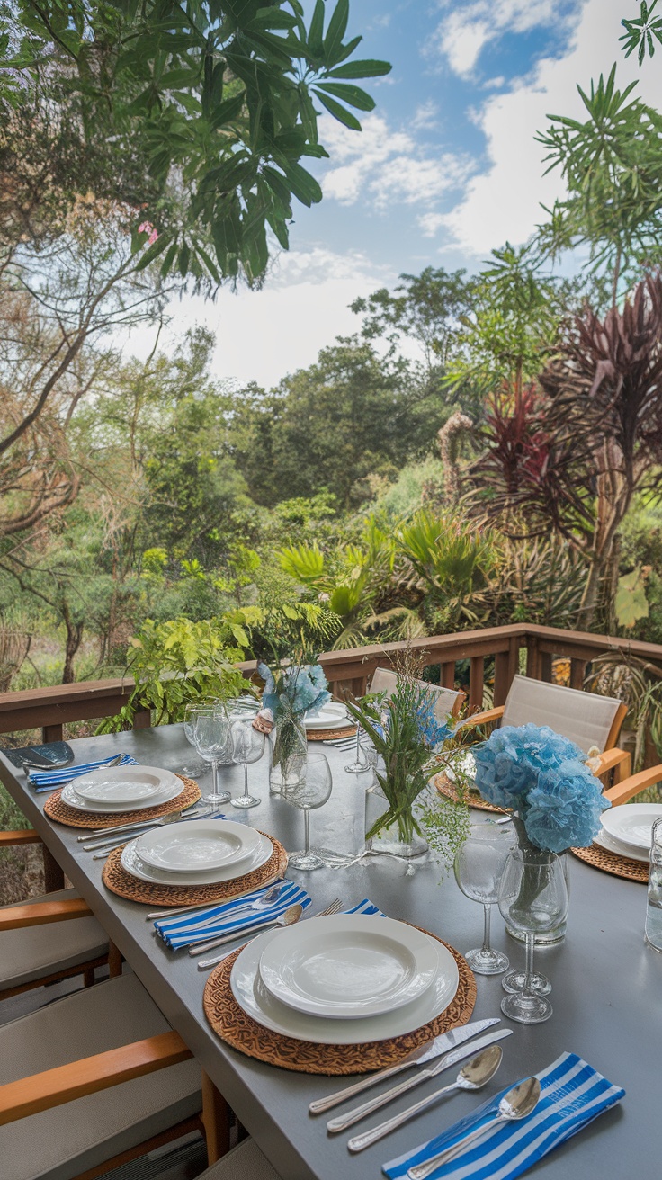 A beautifully set dining table on a garden deck surrounded by greenery.