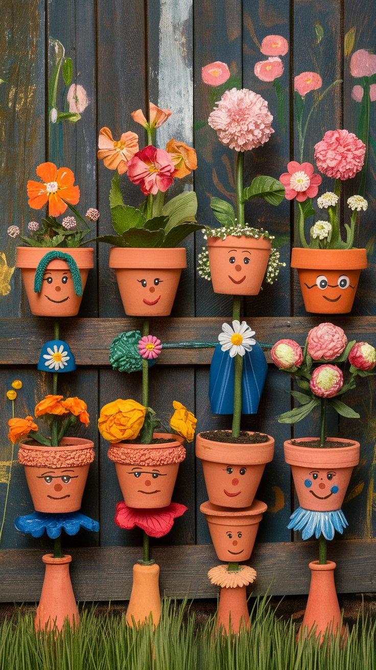 Colorful DIY flower pot people with painted faces and flowers