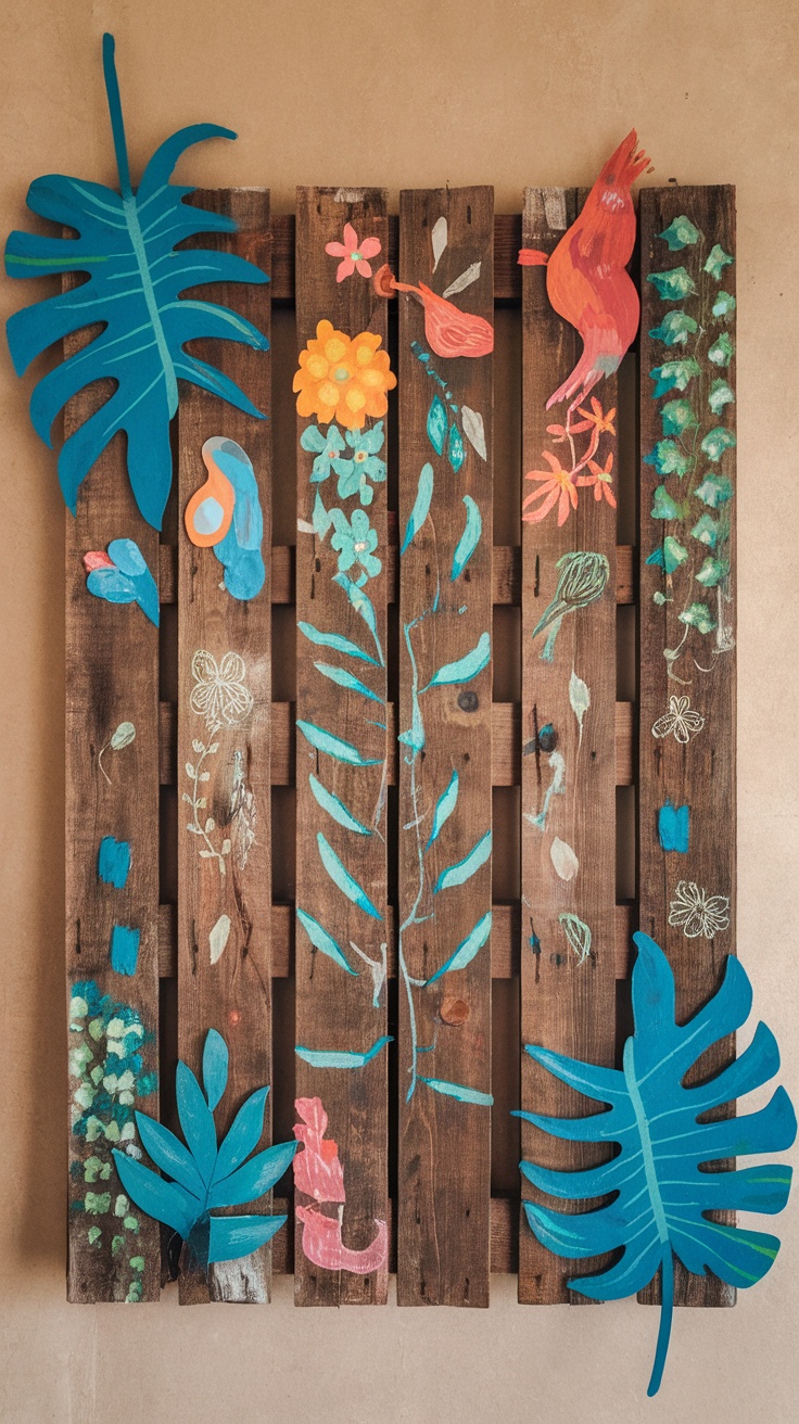 Colorful pallet wall art featuring plants and painted designs.