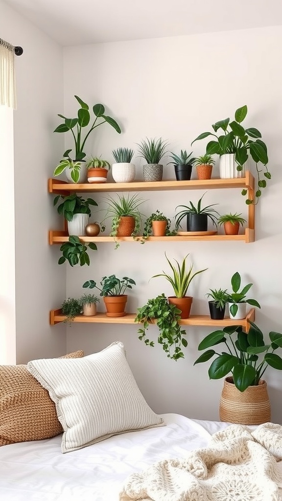 DIY wooden plant shelves filled with various green plants in a boho bedroom.