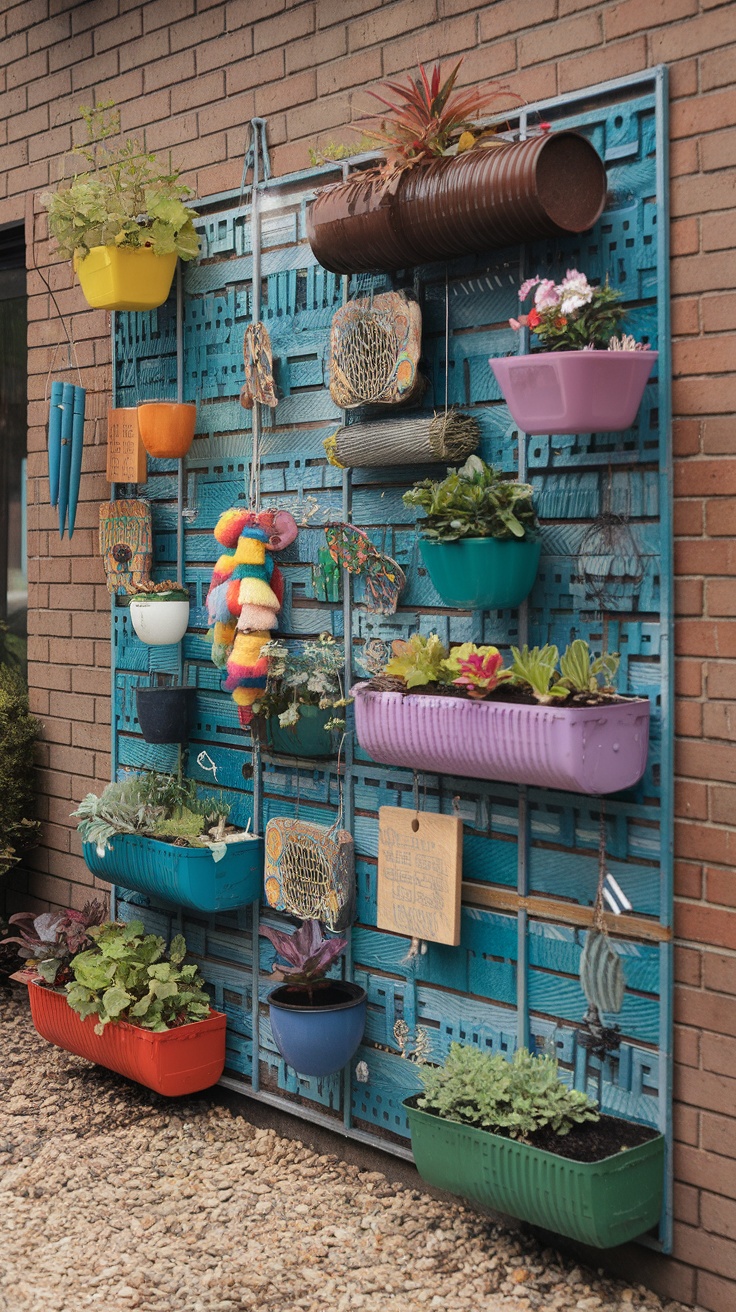 Colorful vertical garden wall made with recycled containers