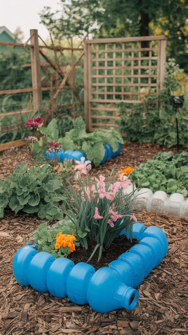 Colorful plastic bottle planters with flowers in a garden setting.