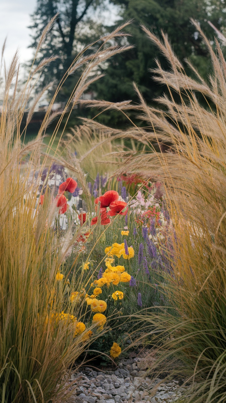 A vibrant garden featuring ornamental grasses and colorful flowers.