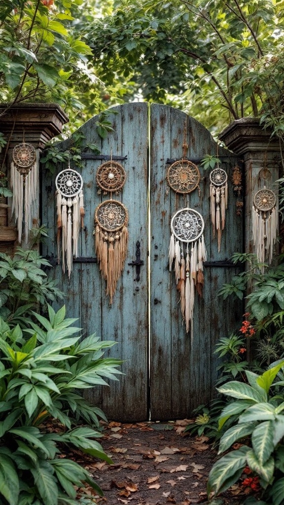 A wooden garden gate decorated with multiple dreamcatchers, surrounded by lush greenery.