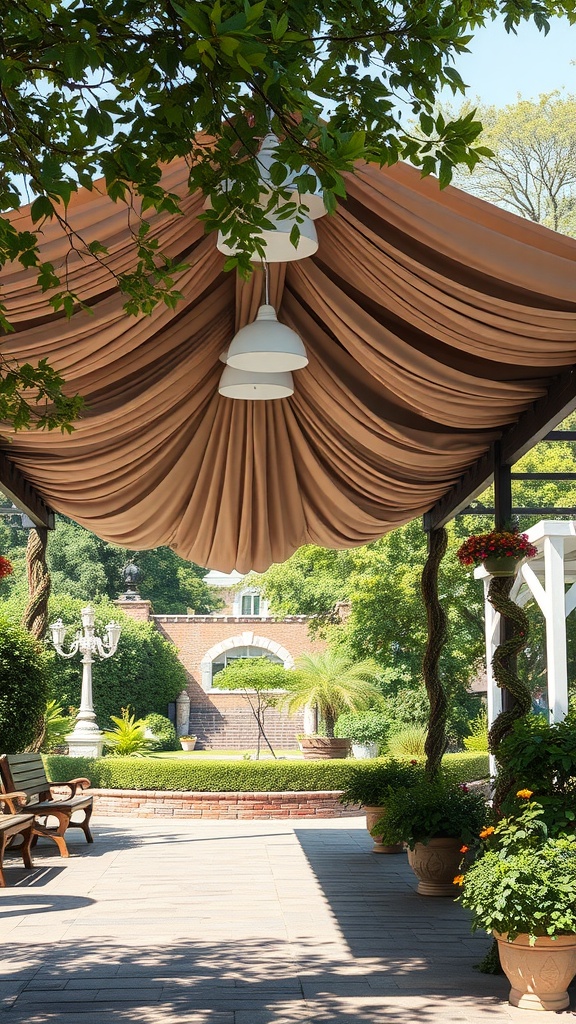 A beautiful garden canopy with draped fabric and hanging lights, surrounded by lush greenery and potted plants.