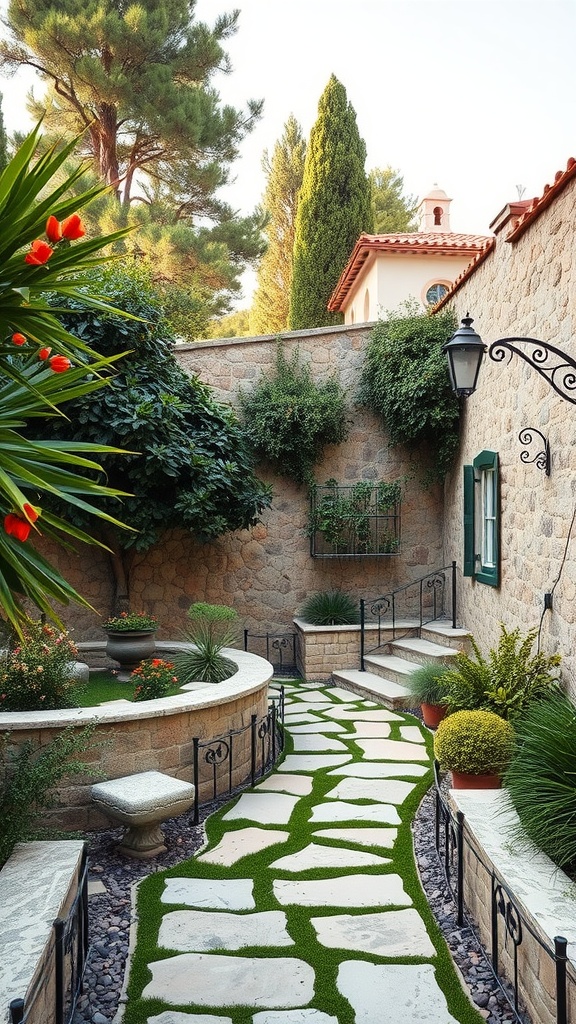 A beautiful Mediterranean-style yard featuring natural stone pathways and lush greenery.