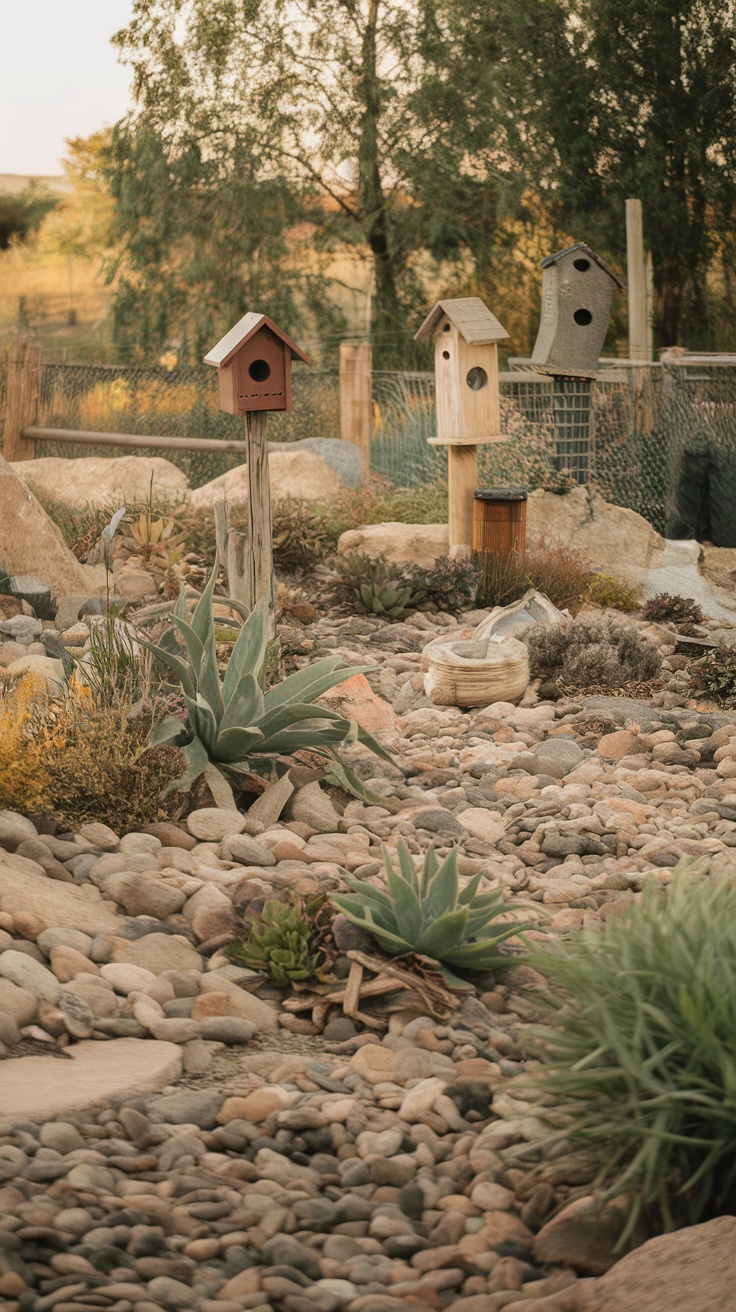 A naturalistic garden featuring river rock, succulents, and birdhouses.