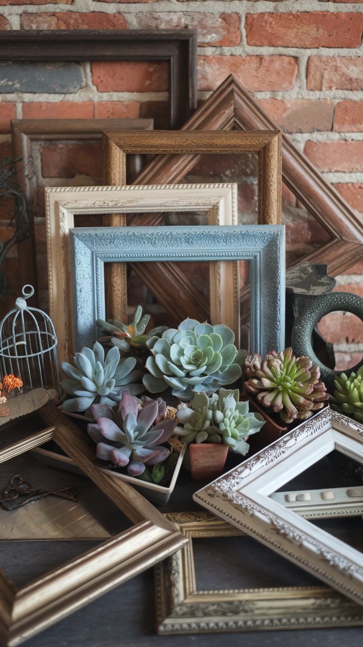 A collection of various picture frames arranged with succulents and decorative items.