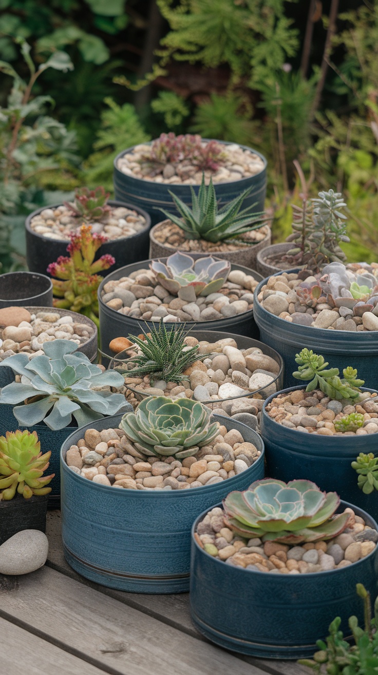 A variety of succulent arrangements in containers with pebbles and river rocks.