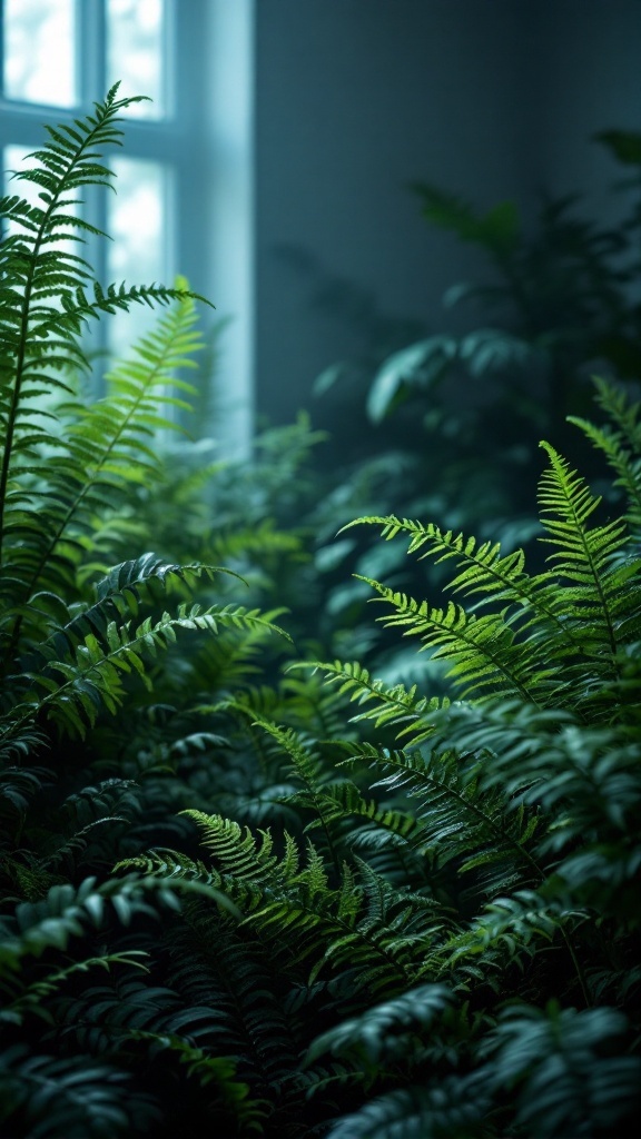 Lush green ferns growing in a low-light setting near a window.