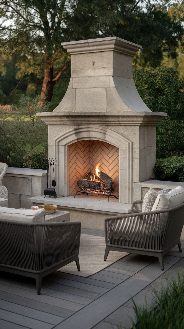 Cozy outdoor fireplace with seating area on a garden deck.