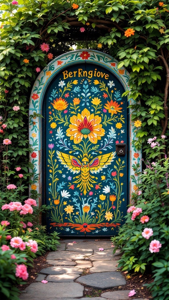 A vibrant folk art painted garden gate surrounded by flowers.