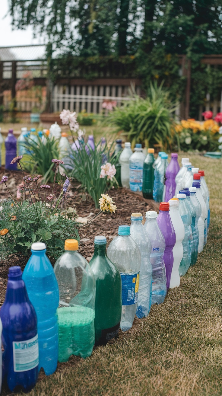 Colorful cut plastic bottles used as garden edging