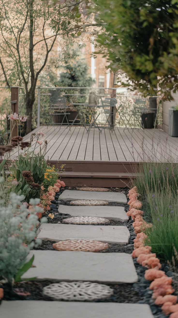 A garden pathway made of stone and bordered by flowers leading to a deck area.