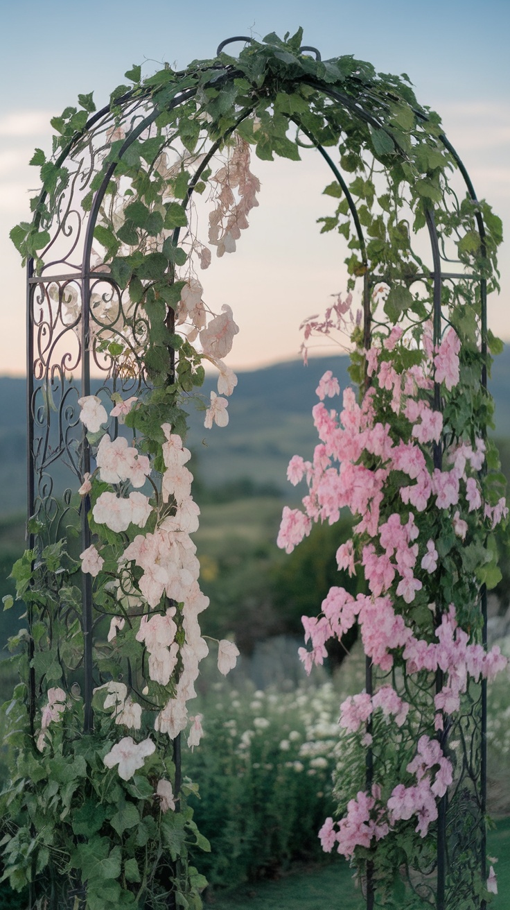 A beautiful garden trellis with climbing vines and flowers, creating a romantic atmosphere.