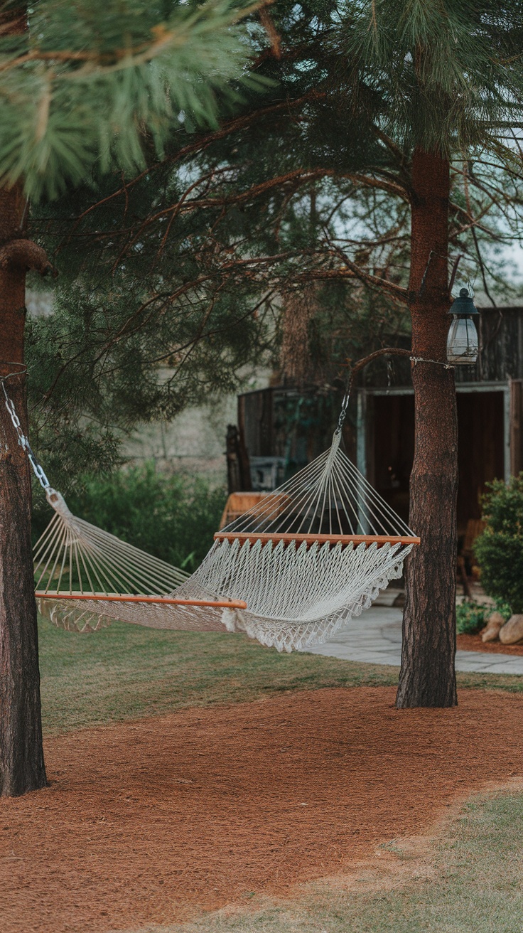 A hammock hanging between two trees in a backyard garden