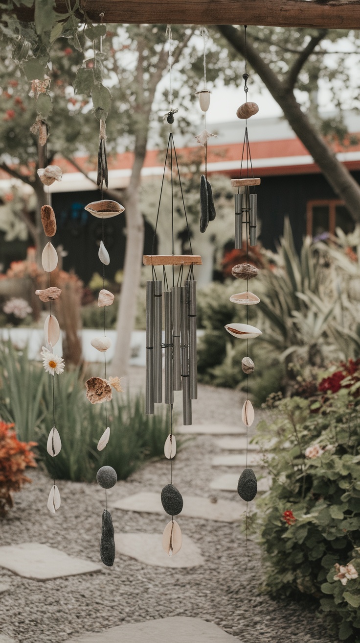 A collection of handmade wind chimes made from shells, stones, and metal hanging in a garden setting.