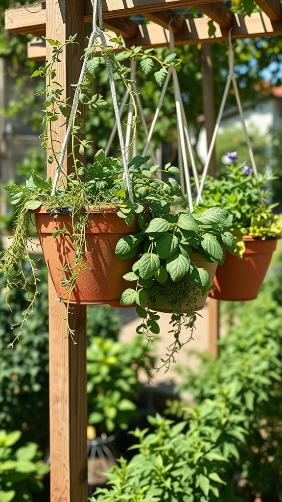 Hanging baskets filled with lush herbs and greens.