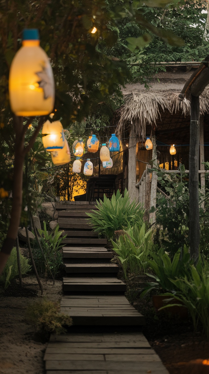 A charming garden pathway lined with hanging lanterns made from plastic bottles, surrounded by greenery.