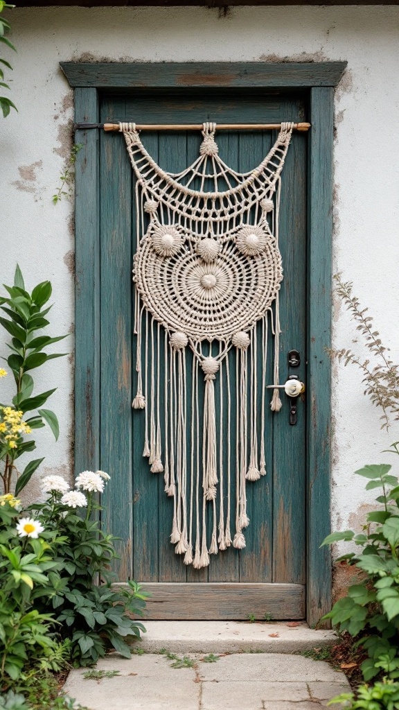 A macrame decorative piece hanging on a wooden garden gate, surrounded by greenery.