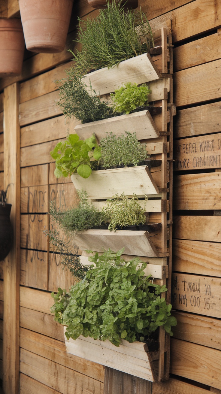 A wooden pallet garden mounted on a wall with various herbs growing in it.