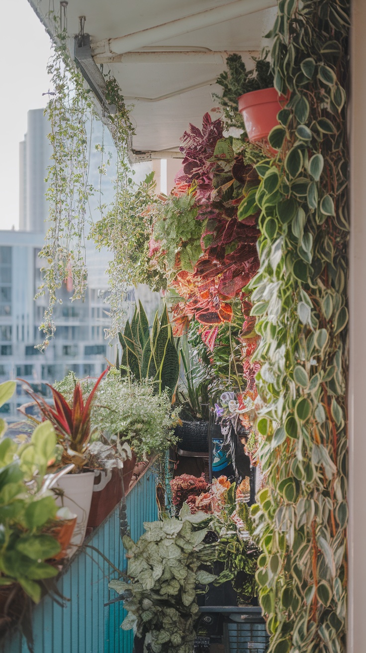 A vibrant balcony garden featuring a variety of hanging plants and greenery.