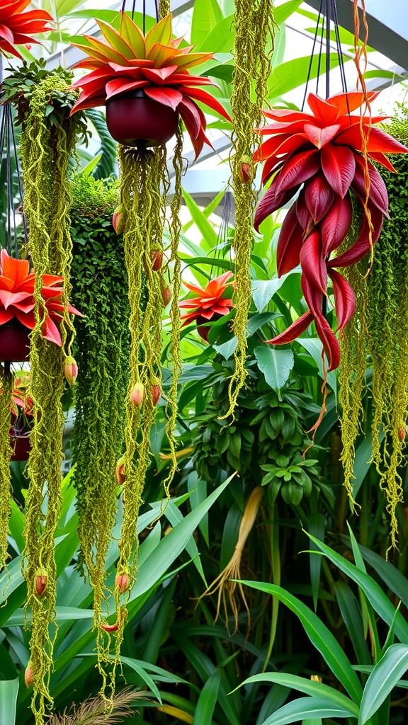 A vibrant display of hanging tropical plants with red and green foliage.