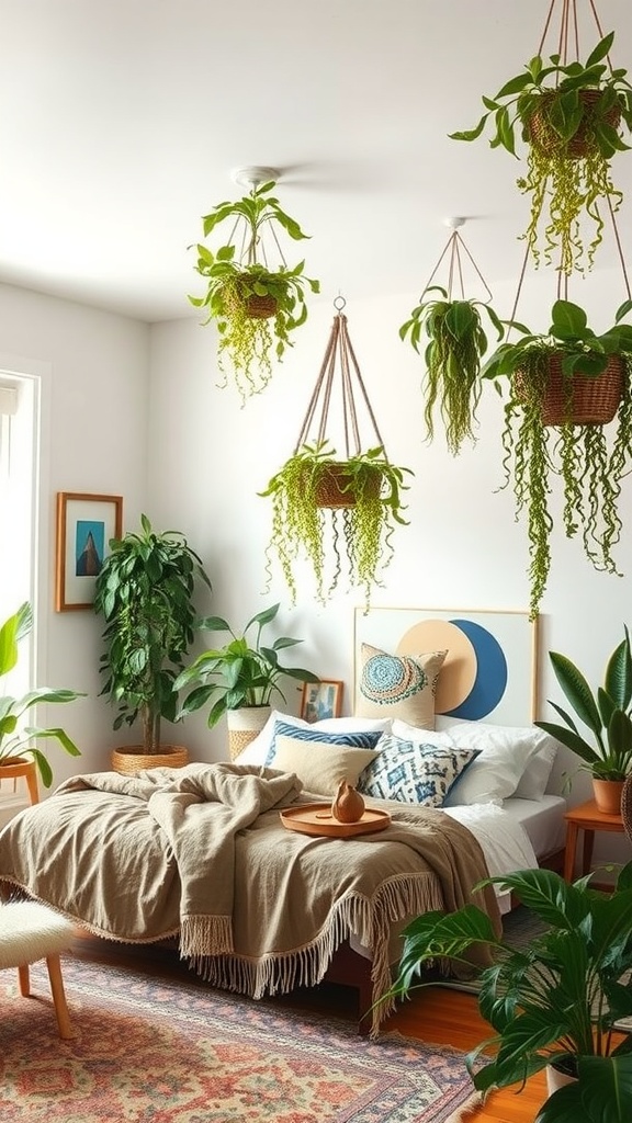 A boho bedroom featuring hanging plants with a sage green theme.