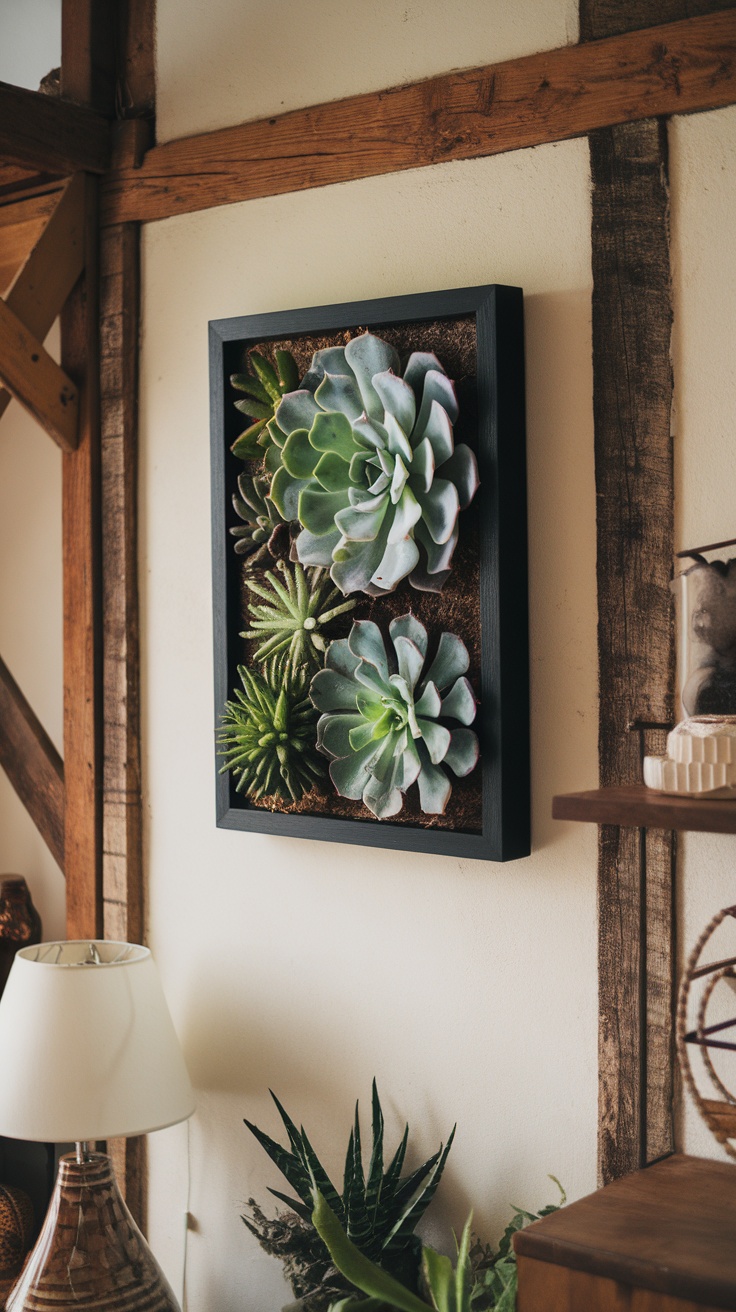 A beautiful succulent wall art displayed in an old picture frame, hanging on a wall.