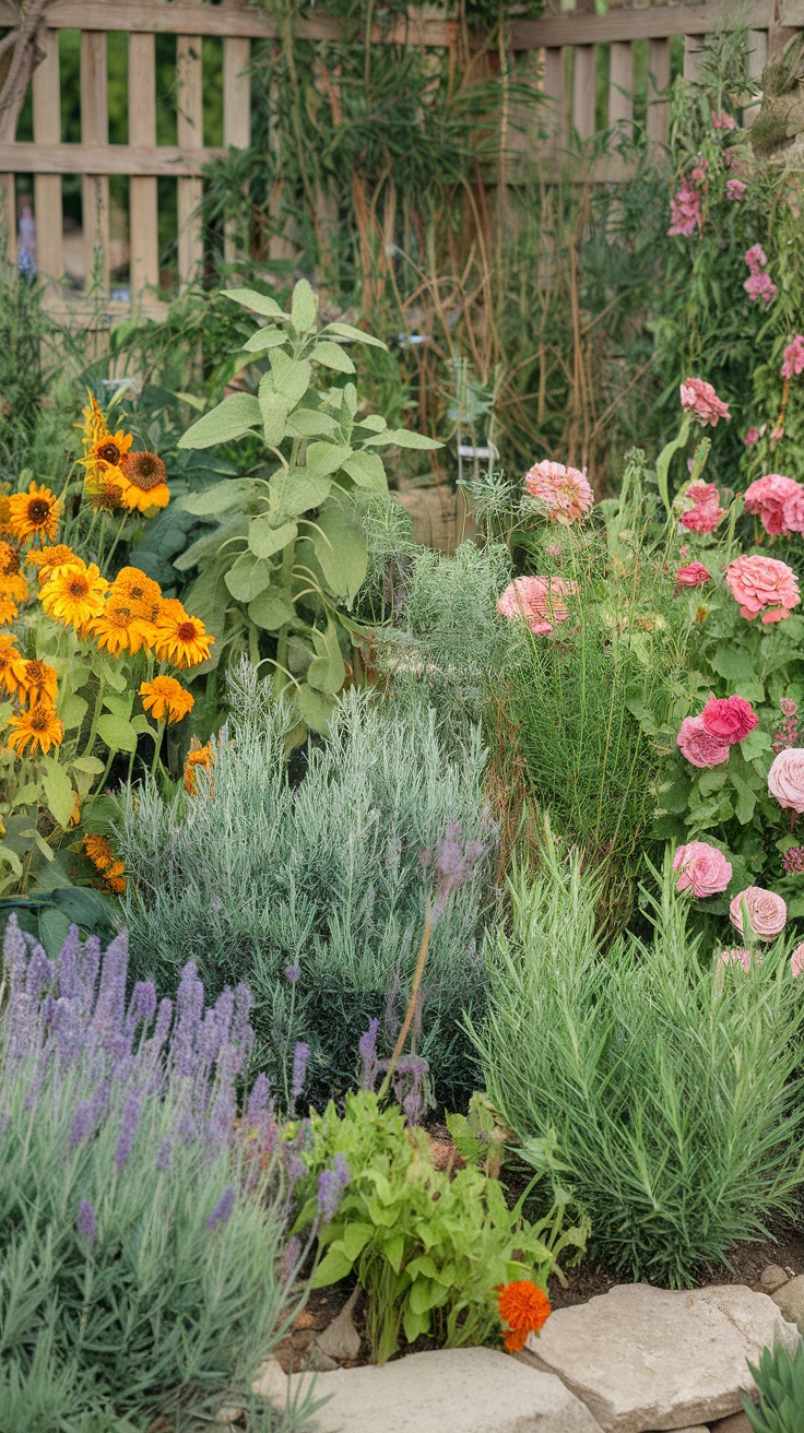 A lush backyard garden featuring colorful flowers like sunflowers and roses alongside various herbs like lavender and sage.