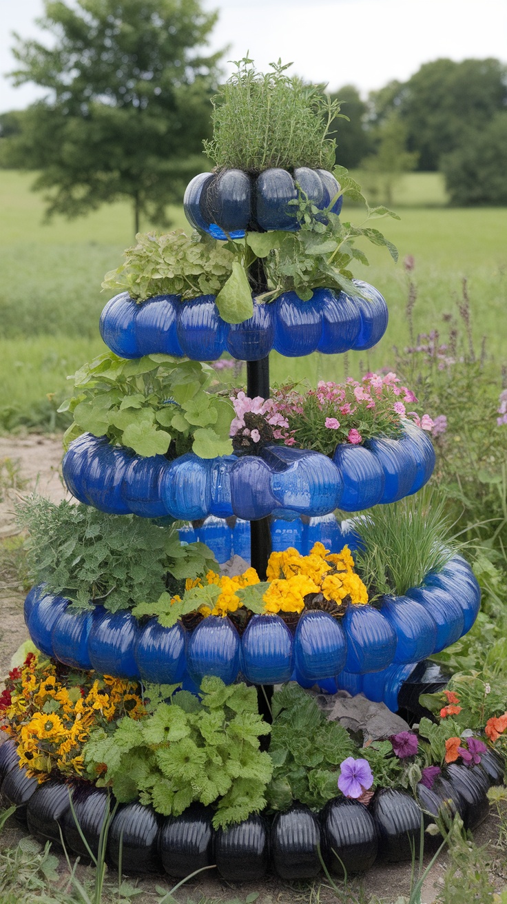 A colorful herb spiral made of blue and black plastic bottles filled with various plants and flowers.