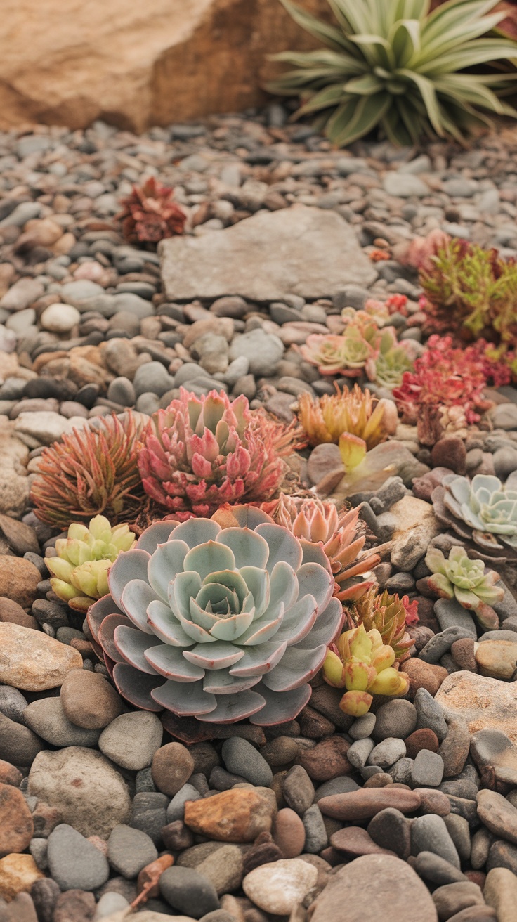 A colorful arrangement of native succulents among river rocks in a garden setting.