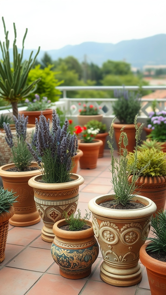 A collection of pots with aromatic plants like lavender and rosemary on a garden terrace.