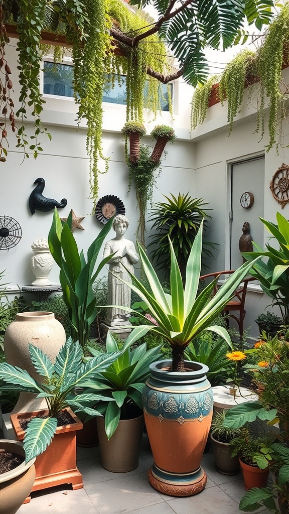 A garden terrace filled with various plants and decorative sculptures.