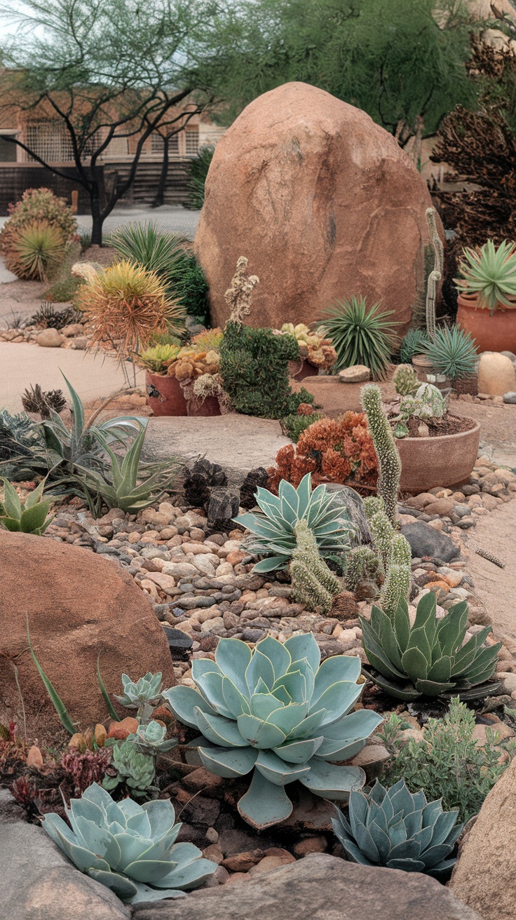 A rustic garden featuring large boulders and a variety of succulents.