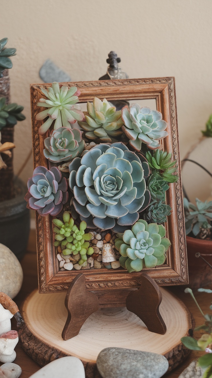 Succulent wall art in an old picture frame with various succulents arranged beautifully.