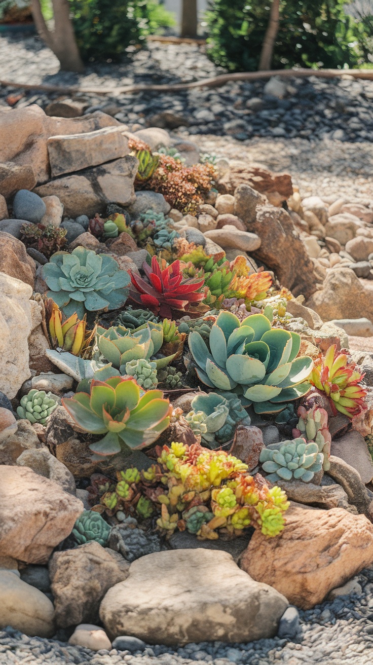 A vibrant assortment of succulents mixed with river rocks in a natural garden setting.