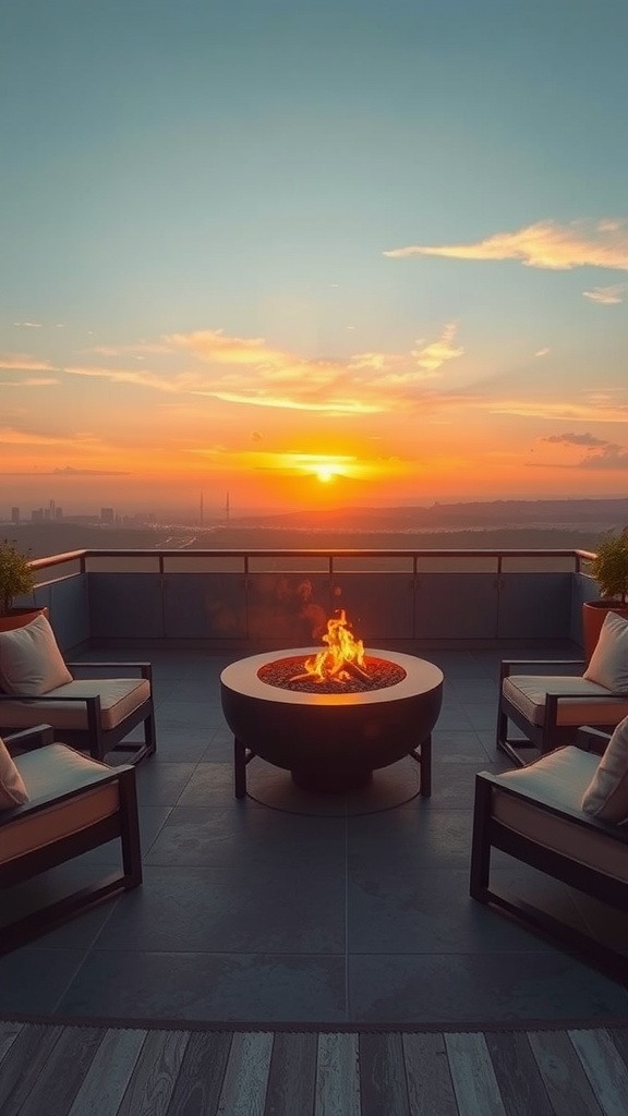 A beautiful garden terrace featuring a fire pit surrounded by seating, with a sunset view.