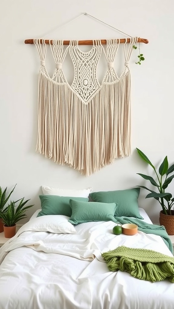 A macrame wall hanging above a bed in a sage green boho bedroom with plants