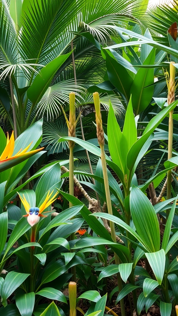 A tropical garden filled with lush green plants and vibrant flowers.