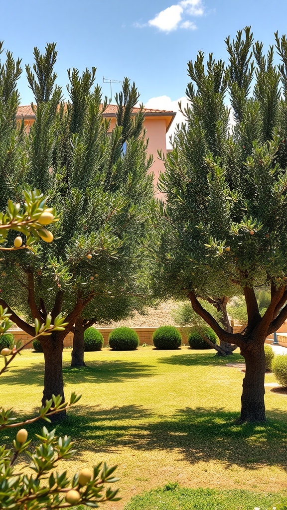 A serene garden featuring olive trees, lush greenery, and a blue sky.