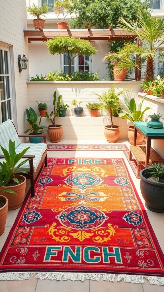 Colorful outdoor rug on a garden terrace, surrounded by potted plants and seating.